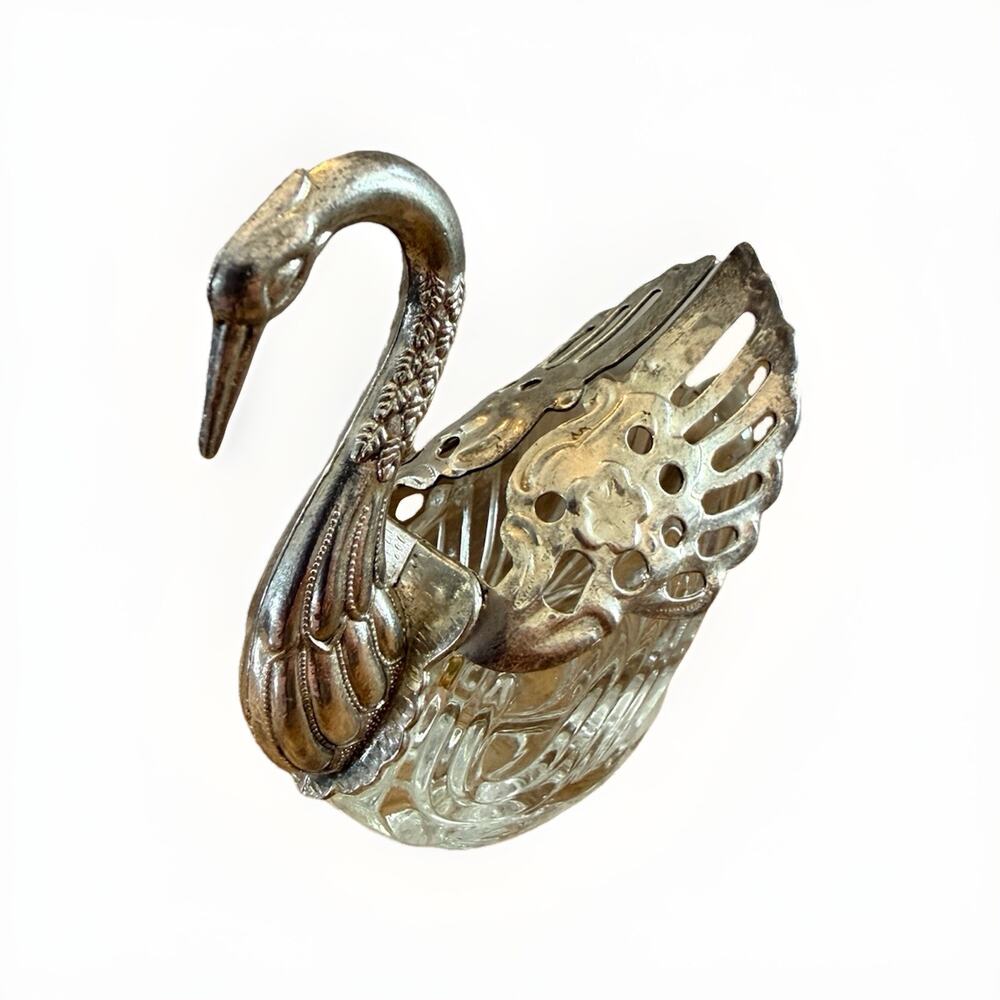 Mid Century Era Swan Figural Salt Cellar Pressed Glass Base Movable Wings 3”